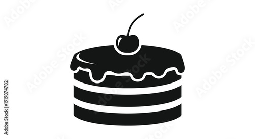 A simple black and white illustration depicts a single layer cake topped with a vibrant red cherry