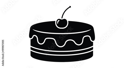 A simple black and white icon depicts a round layer cake topped with a single bright red cherry