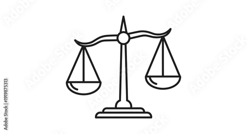 A simple black and white line drawing depicts a traditional balance scale symbolizing justice and fairness high quality