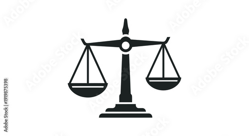 A stark black silhouette depicts a traditional balance scale symbolizing justice fairness and legal proceedings high quality professional