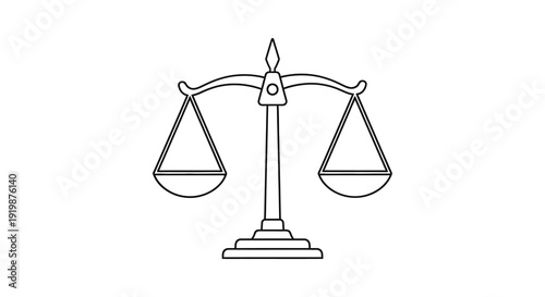 A simple black and white line drawing depicts a traditional balance scale symbolizing justice and fairness high quality