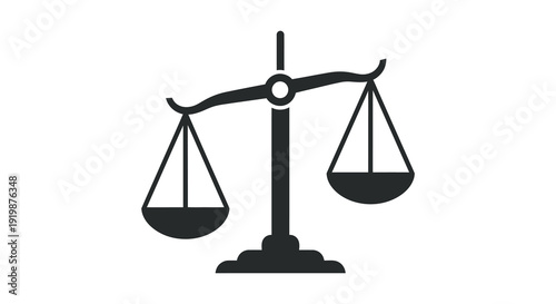 A simple black and white illustration depicts a traditional balance scale symbolizing justice and equilibrium high quality professional