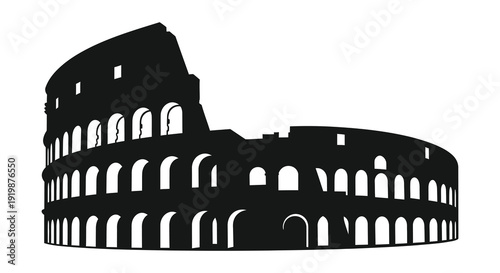 A striking black silhouette depicts a portion of the colosseum in rome italy showcasing its iconic architecture
