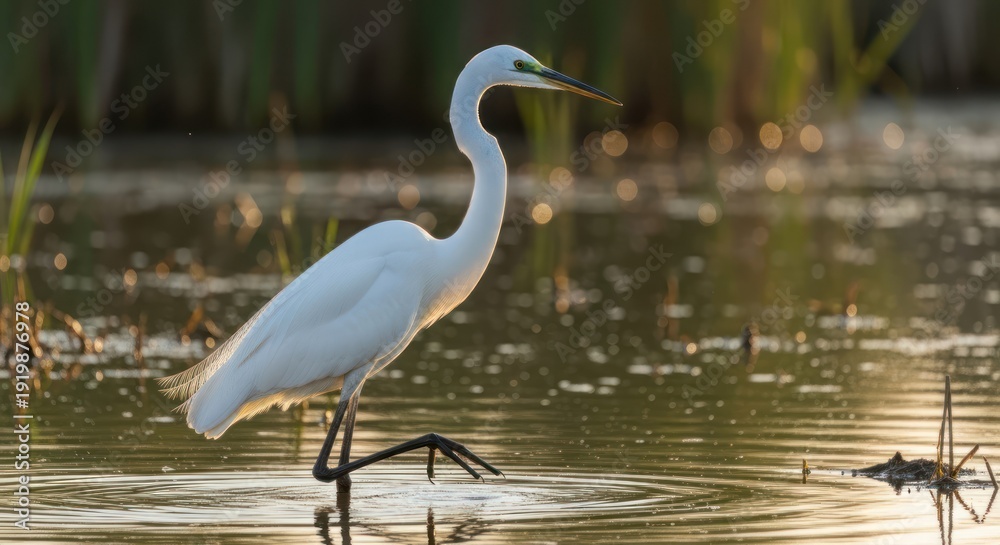 Naklejka premium A white egret standing in shallow water with reeds in the background during sunset.