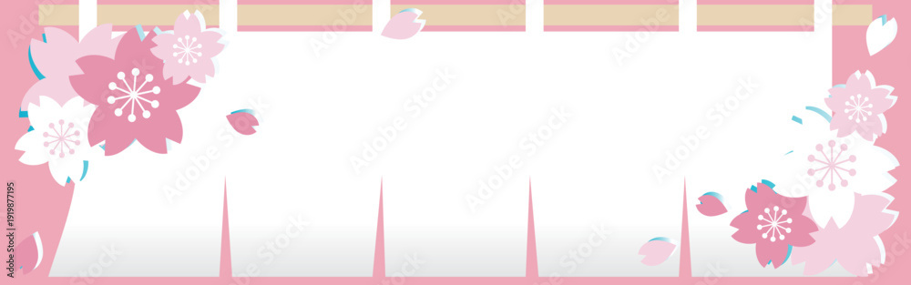 Fototapeta premium 桜と暖簾（のれん）の和風バナー背景イラスト素材。お花見、和柄、春のキャンペーン、フレーム、壁紙素材