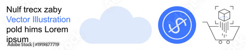 Cloud technology, financial transactions, e-commerce, analytics, online shopping, digital solutions. Cloud icon, dollar symbol cart with a cube. Cloud technology and financial transactions theme