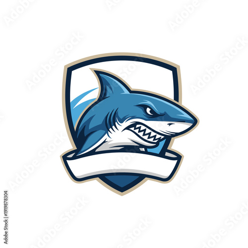 Aggressive blue shark head mascot logo inside a shield emblem with a blank banner