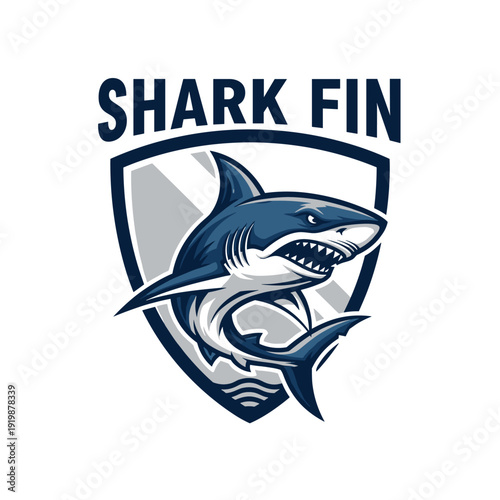 Aggressive blue shark mascot logo with a shield and Shark Fin text on a white background