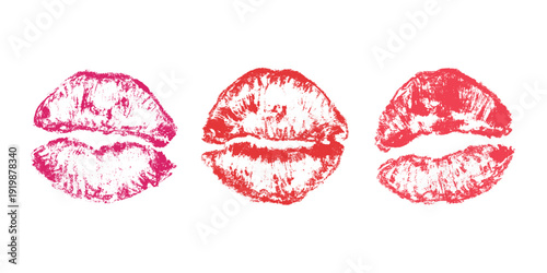 Set of lipstick kiss print Different shapes and colors imprint of lips Red pink female sexy lips makeup Design elements for beauty fashion poster Valentines Day wedding