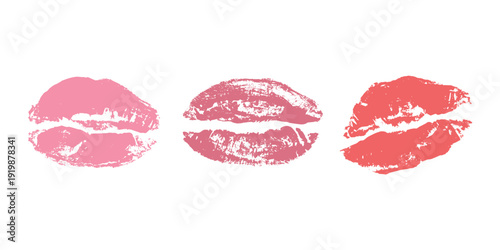 Set of lipstick kiss print Different shapes and colors imprint of lips Red pink female sexy lips makeup Design elements for beauty fashion poster Valentines Day wedding