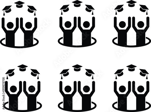 Graduation celebration icon featuring two students tossing caps in the air, black silhouette education symbol isolated on white background vector illustration set