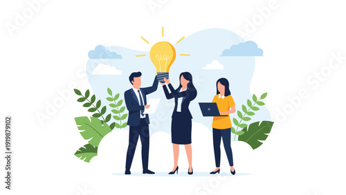 Diverse group of professional business people work together to hold a giant glowing lightbulb symbolizing a shared idea.