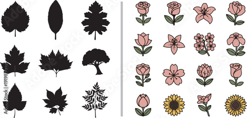 A diverse vector set featuring black silhouettes of various leaves and a tree on the left, contrasted with colorful, outlined floral icons like roses and sunflowers on the right.