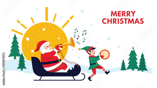 Festive scene shows santa claus playing a brass horn in his sleigh accompanied by a cheerful elf with a tambourine.
