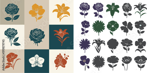 Vector collection featuring stylized floral icons. Includes detailed roses, lilies, and orchids in a modern grid layout and a variety of solid flower silhouettes in muted tones.