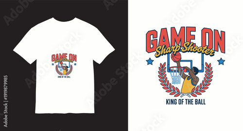 Game on sharp shooter basketball player dunking with laurel wreath and stars