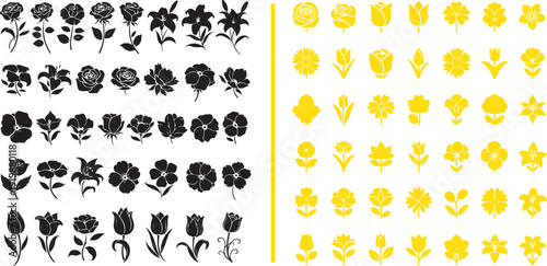 A collection of stylized floral icons and silhouettes in black and yellow, featuring various species like roses, tulips, and lilies in a clean vector design.