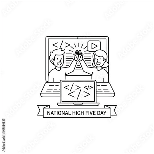Hand drawn illustration celebrating national high five day and technology collaboration