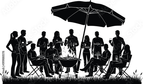 Black vector silhouette of a diverse group of people enjoying a backyard barbecue party with a grill large umbrella and chairs for social branding