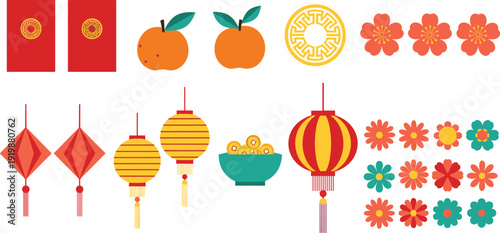 Traditional Chinese New Year icon set featuring red envelopes mandarin oranges paper lanterns gold coins and decorative cherry blossom flowers for Lunar festival.