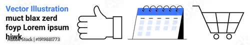 Approval, organization, scheduling, retail, e-commerce, business planning. Thumbs up icon, calendar shopping cart conceptually . Approval and organization for planning and shopping