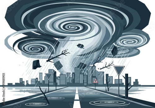 Illustration of a hurricane or tornado hitting a city causing destruction and chaos