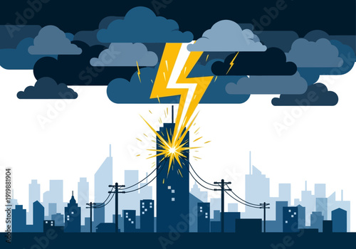 Electric storm strikes a city skyline with lightning hitting a building, symbolizing power and danger