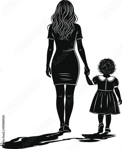 Black vector silhouette of a mother holding her daughters hand seen from behind walking together for motherhood family bonding parenting and lifestyle branding design