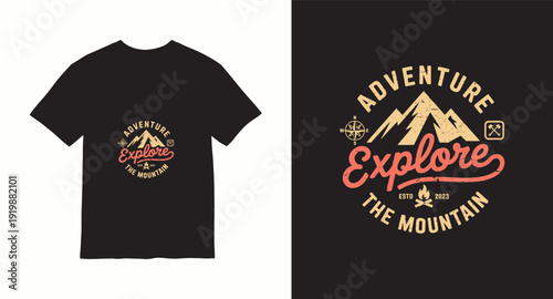 Explore the mountain adventure badge compass and campfire illustration