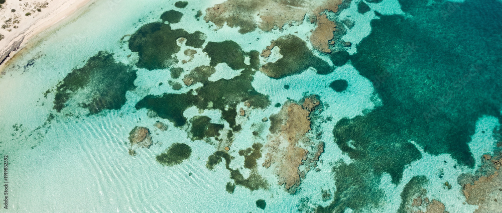 Fototapeta premium Aerial view of vibrant turquoise ocean with coral reefs near sandy beach