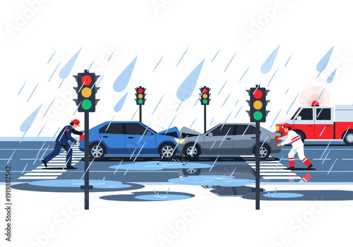 Road safety illustration depicting a car crash during rainfall with emergency services responding to the scene