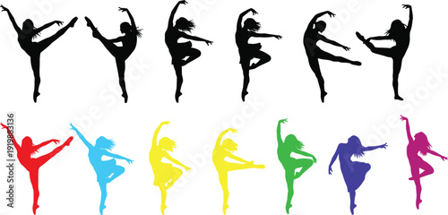 Set of graceful female dancer silhouettes in various expressive poses featuring elegant black outlines and vibrant rainbow colored artistic movement vectors.