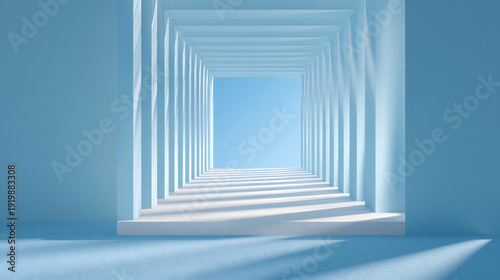 Minimal light blue corridor with repeating columns and strong perspective shadows, modern product display background.