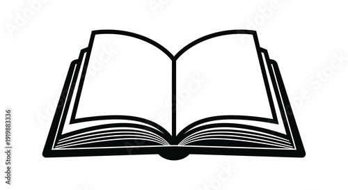 A simple black and white line drawing depicts an open book showcasing its pages and binding high quality