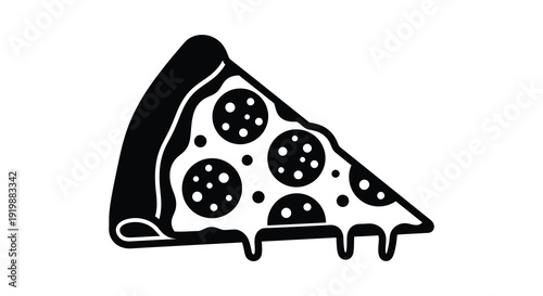A simple black and white illustration depicts a single slice of pepperoni pizza with visible toppings high quality