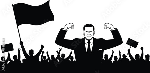 Black vector silhouette of a strong leader in a suit flexed arms standing before a crowd with flags and signs for political protest branding