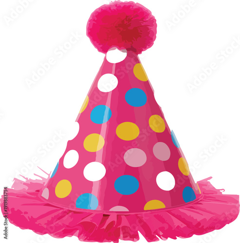 Pink Party Hat with Pom-Pom and Polka Dots – Celebration Vector Illustration