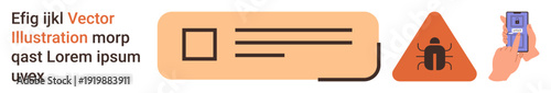 Cybersecurity, identity theft prevention, online safety, digital authentication, malware detection, and data protection. A warning sign with a bug icon, user identity verification. Cybersecurity