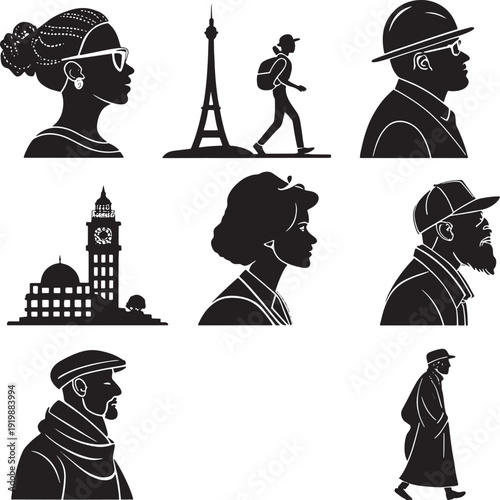 Diverse black silhouettes of people and landmarks in profile view woman