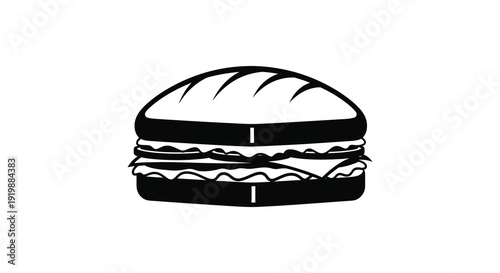 A stark black and white illustration depicts a classic cheeseburger showcasing its layered composition and simple form high quality professional
