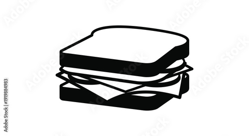 A simple black and white illustration depicts a classic sandwich with layered fillings between two slices of bread