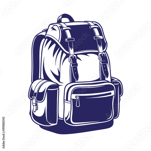 navy blue backpack with white outline and multiple pockets and compartments for travel or school