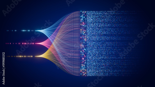 Artificial intelligence neural network processing big data streams, abstract digital data flow, process automation and analytics technology background. Innovation and digital transformation.