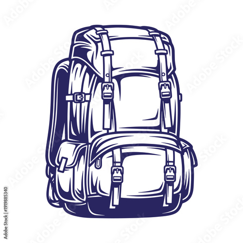 navy blue illustration of a backpack with straps and buckles on white background