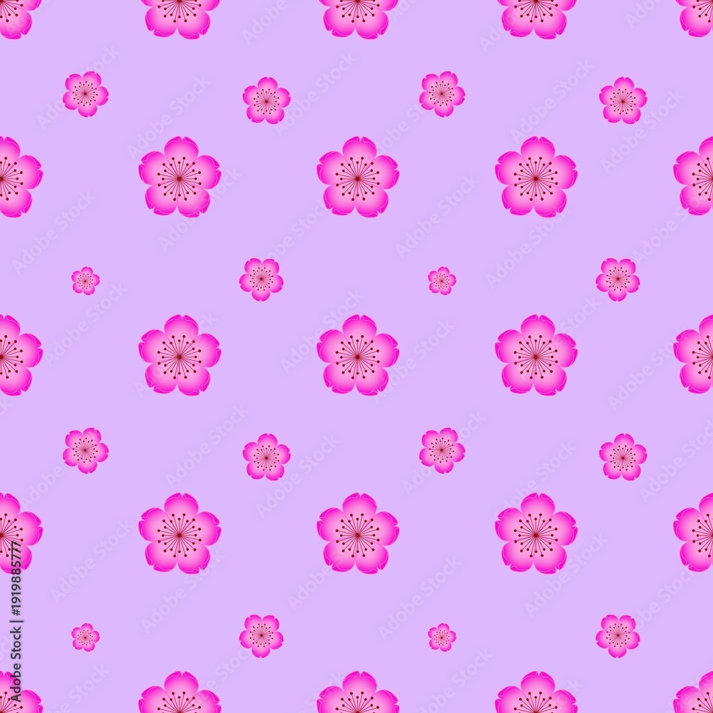 Naklejka premium Seamless cherry blossom pattern with pink sakura flowers on light purple background, traditional japanese floral vector ornament for textile, wallpaper, fashion apparel and greeting card design.