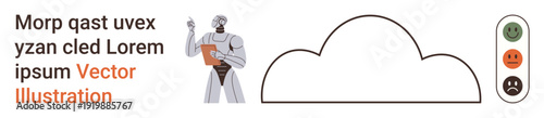 Artificial intelligence, cloud computing, data analysis, robotics, user feedback, technology applications. A humanoid robot examines a tablet beside a cloud outline and emoticon feedback scale