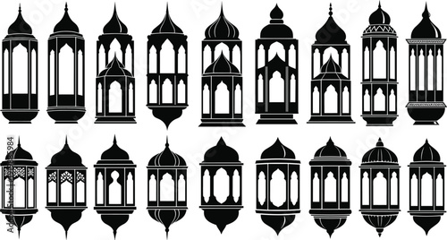Lantern silhouette illustration set, eighteen black icons ornate domed pointed arch Islamic festive Ramadan Eid cultural heritage design, vector artwork, religion and lifestyle 