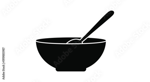 A simple black and white illustration depicts a rounded bowl containing a dark substance and a long handled spoon