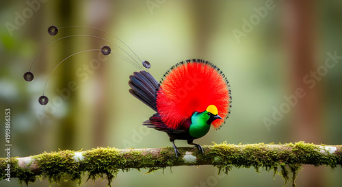 Magnificent King Bird of Paradise Perched on Mossy Branch