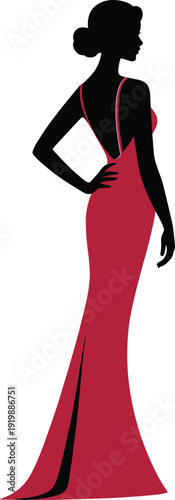 Elegant woman silhouette in red evening gown, fashion beauty illustration, glamorous female pose, luxury style, isolated white background, design vector